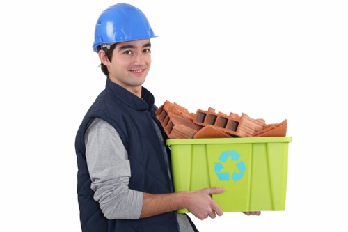 Construction site with organized waste bins